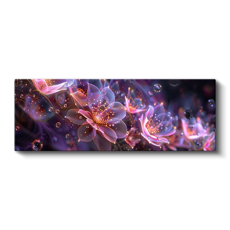 Fantastik Çiçekler - Mor Zeminde Işıltılı Dijital Sanat Tasarımı Kanvas Tablo