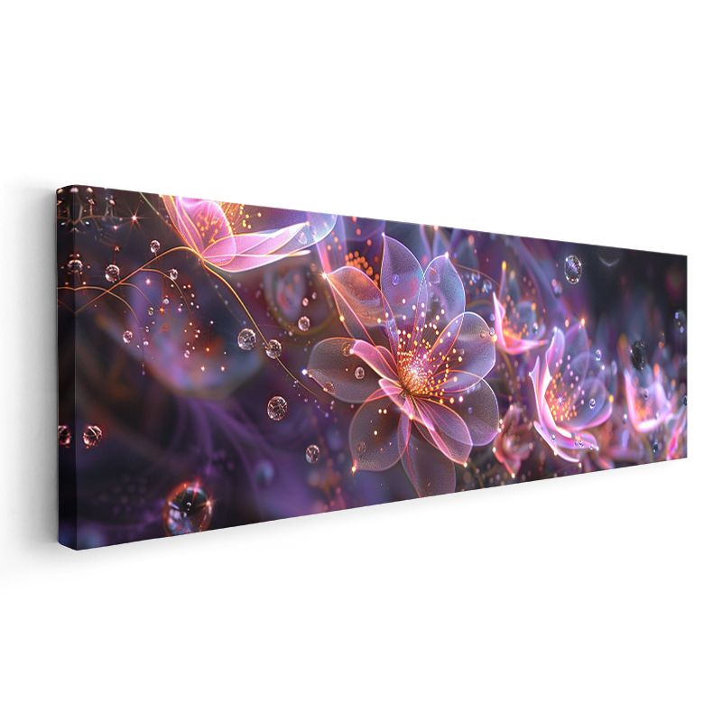 Fantastik Çiçekler - Mor Zeminde Işıltılı Dijital Sanat Tasarımı Kanvas Tablo