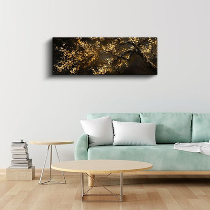 Altın Yapraklı Ağaç - Siyah Zeminde Sonbahar Temalı Sanatsal Kompozisyon Kanvas Tablo
