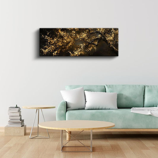 Altın Yapraklı Ağaç - Siyah Zeminde Sonbahar Temalı Sanatsal Kompozisyon Kanvas Tablo