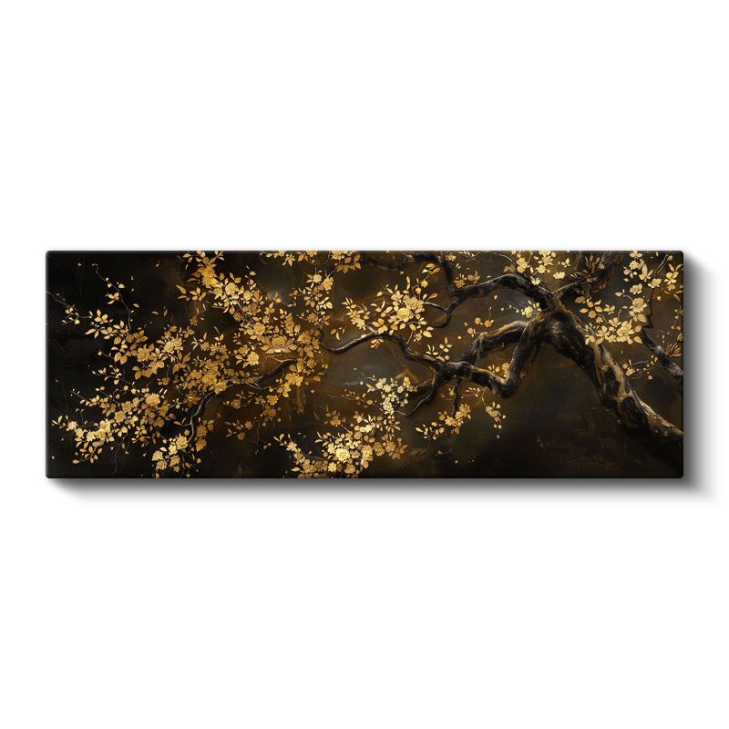 Altın Yapraklı Ağaç - Siyah Zeminde Sonbahar Temalı Sanatsal Kompozisyon Kanvas Tablo