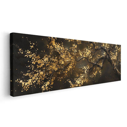 Altın Yapraklı Ağaç - Siyah Zeminde Sonbahar Temalı Sanatsal Kompozisyon Kanvas Tablo