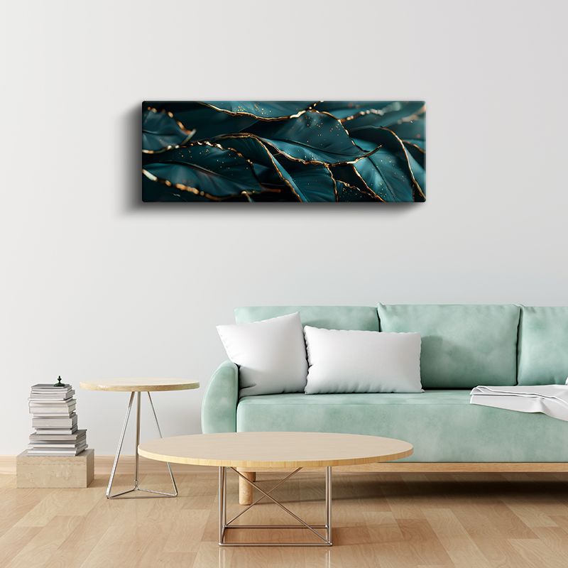 Lüks Yapraklar - Turkuaz Zeminde Altın Kenarlı Botanik Tasarım Kanvas Tablo