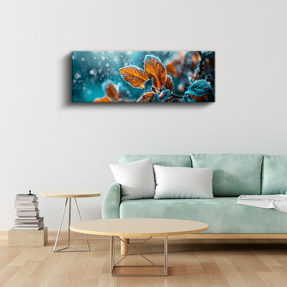Kırağılı Yapraklar - Mavi Arka Planlı Turuncu Sonbahar Yaprakları Kanvas Tablo