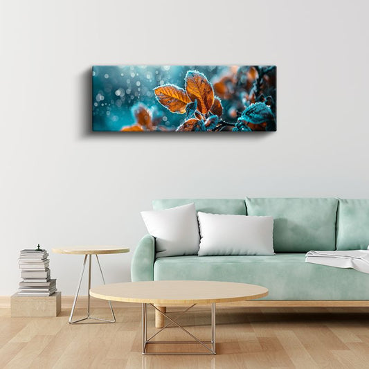 Kırağılı Yapraklar - Mavi Arka Planlı Turuncu Sonbahar Yaprakları Kanvas Tablo