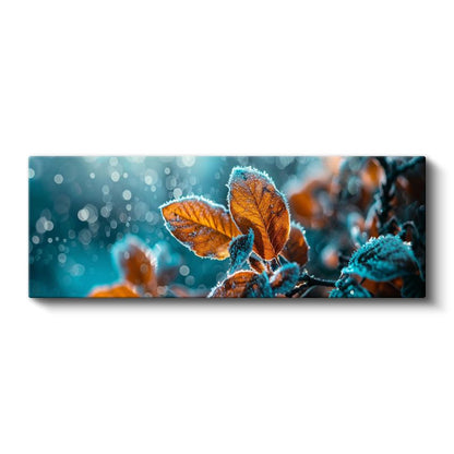 Kırağılı Yapraklar - Mavi Arka Planlı Turuncu Sonbahar Yaprakları Kanvas Tablo