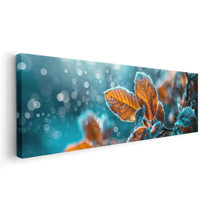 Kırağılı Yapraklar - Mavi Arka Planlı Turuncu Sonbahar Yaprakları Kanvas Tablo