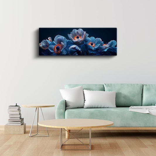 Mavi Anemonlar - Turuncu Merkezli Siyah Zeminde Çiçek Fotoğrafı Kanvas Tablo