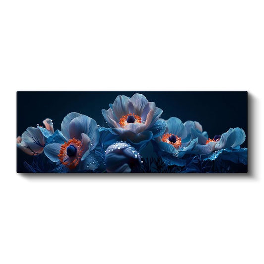 Mavi Anemonlar - Turuncu Merkezli Siyah Zeminde Çiçek Fotoğrafı Kanvas Tablo