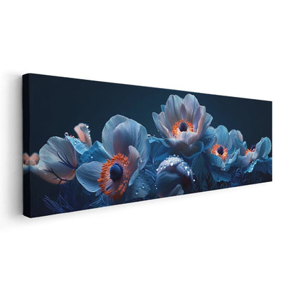 Mavi Anemonlar - Turuncu Merkezli Siyah Zeminde Çiçek Fotoğrafı Kanvas Tablo