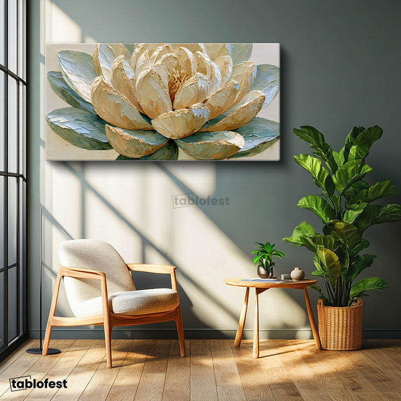 Yatay Panoramik Kanvas Tablo Lotus Çiçeği Çiçek Tablosu Ev Ofis Duvar Dekoru