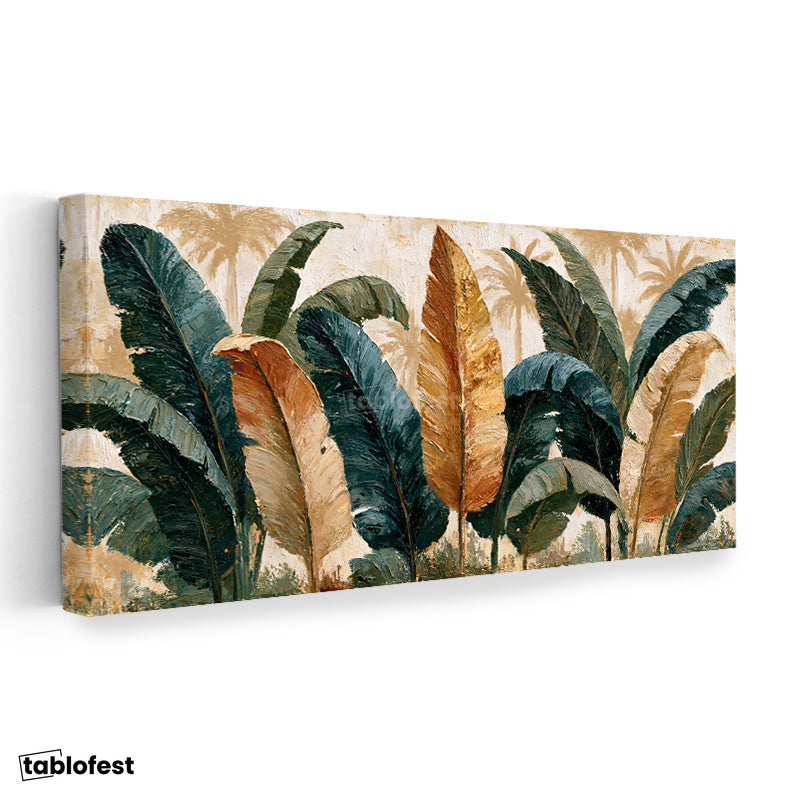 Yatay Panoramik Kanvas Tablo Tropikal Muz Yaprakları Botanik Tablo Ev Ofis Duvar Dekoru