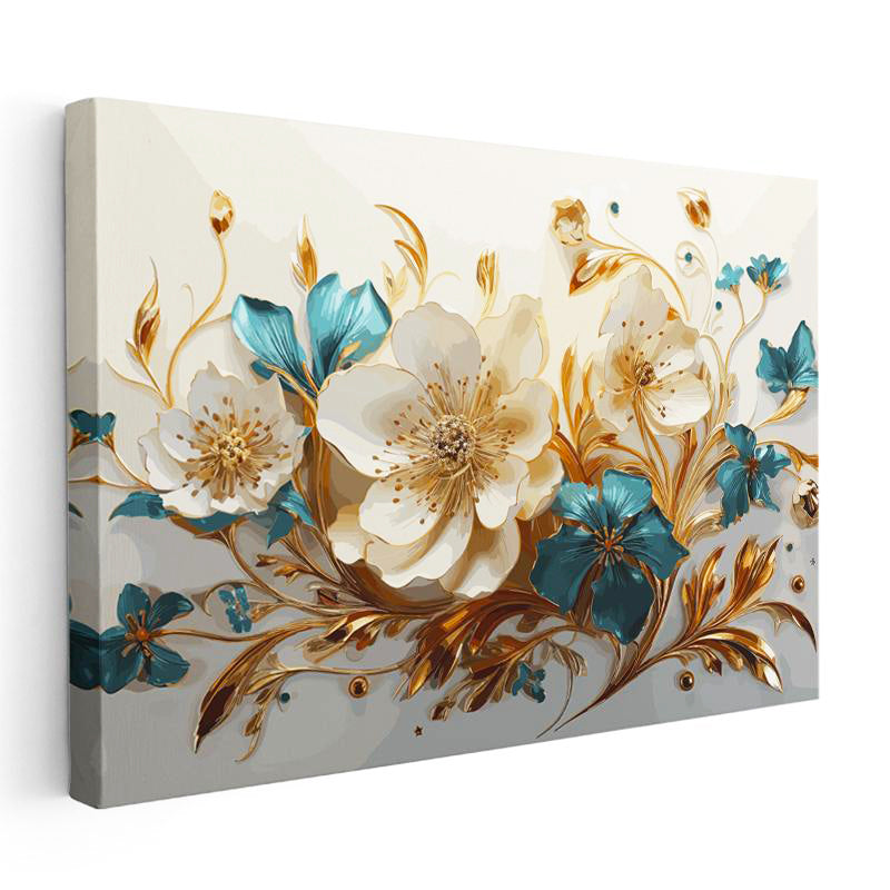 Yatay Kanvas Tablo Altın Vurgulu Beyaz Çiçekler Çiçek Tablosu Ev Ofis Duvar Dekoru
