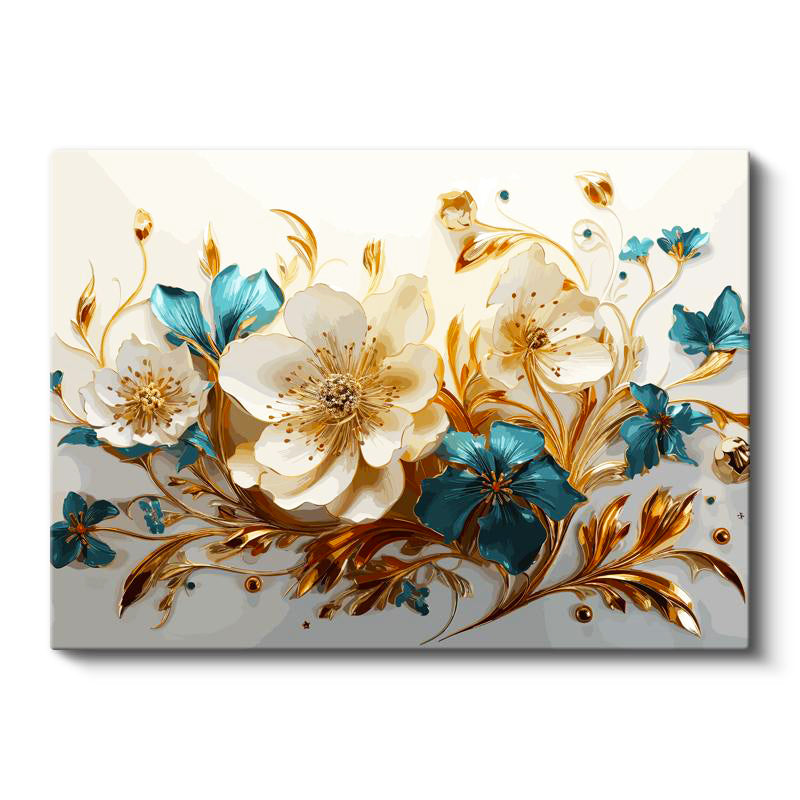 Yatay Kanvas Tablo Altın Vurgulu Beyaz Çiçekler Çiçek Tablosu Ev Ofis Duvar Dekoru