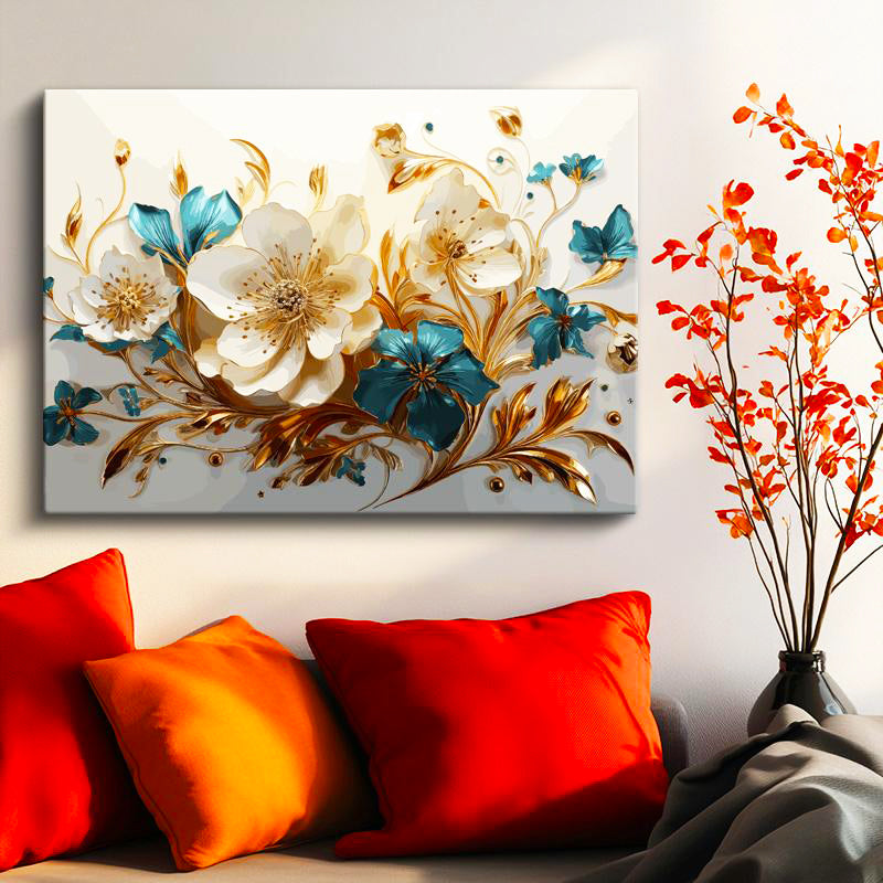 Yatay Kanvas Tablo Altın Vurgulu Beyaz Çiçekler Çiçek Tablosu Ev Ofis Duvar Dekoru