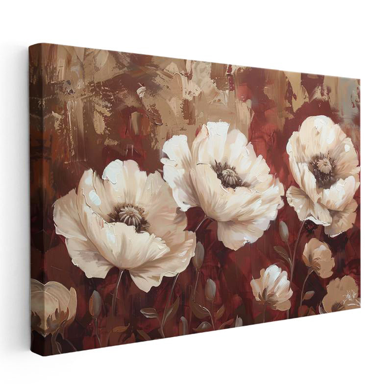 Yatay Kanvas Tablo Yağlı Boya Görünümlü Beyaz Çiçek Çiçek Tablosu Ev Ofis Duvar Dekoru