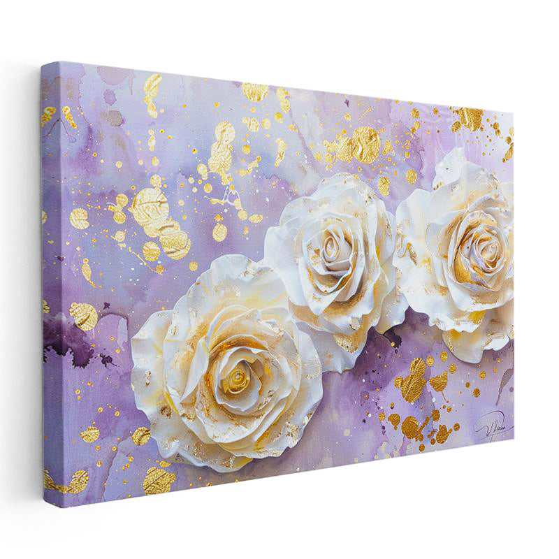 Yatay Kanvas Tablo Altın Yaldız Görünümlü Güller Çiçek Tablosu Ev Ofis Duvar Dekoru