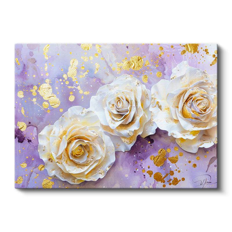 Yatay Kanvas Tablo Altın Yaldız Görünümlü Güller Çiçek Tablosu Ev Ofis Duvar Dekoru