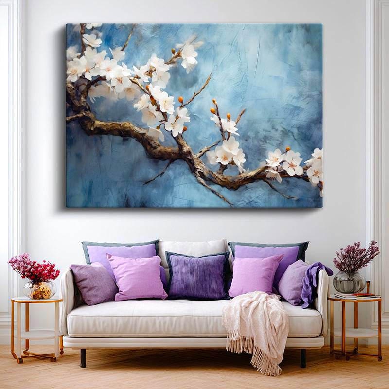 Yatay Kanvas Tablo Yağlı Boya Dokulu Kiraz Çiçeği Çiçek Tablosu Ev Ofis Duvar Dekoru