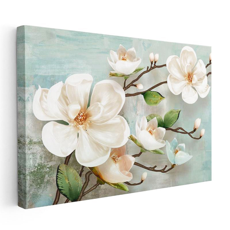 Yatay Kanvas Tablo Kabartma Görünümlü Manolya Dalı Çiçek Tablosu Ev Ofis Duvar Dekoru