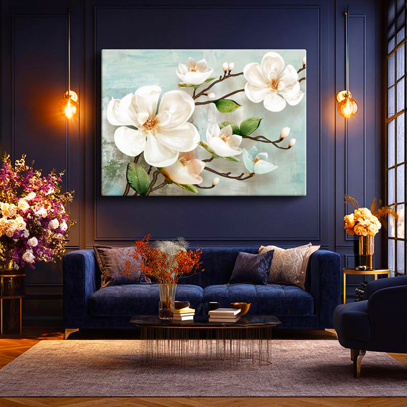 Yatay Kanvas Tablo Kabartma Görünümlü Manolya Dalı Çiçek Tablosu Ev Ofis Duvar Dekoru