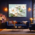 Yatay Kanvas Tablo Kabartma Görünümlü Manolya Dalı Çiçek Tablosu Ev Ofis Duvar Dekoru