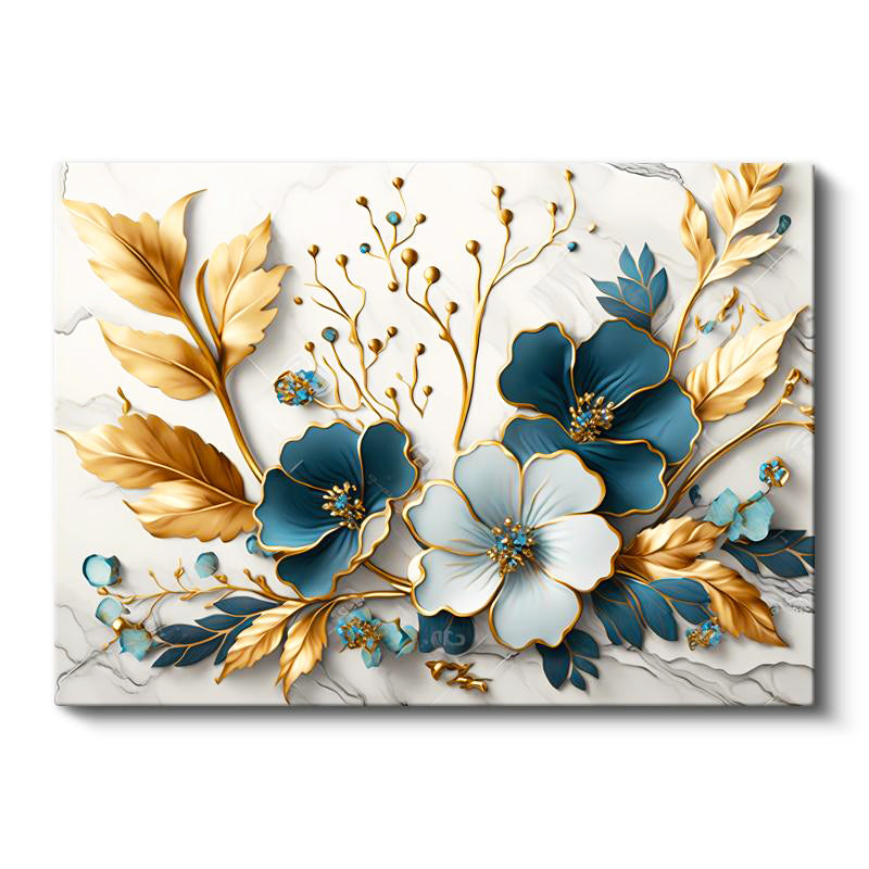 Yatay Kanvas Tablo Yaprak Detaylı Çiçek Motifi Çiçek Tablosu Ev Ofis Duvar Dekoru