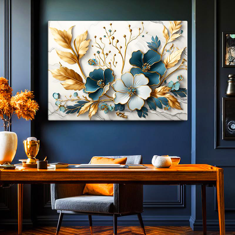 Yatay Kanvas Tablo Yaprak Detaylı Çiçek Motifi Çiçek Tablosu Ev Ofis Duvar Dekoru