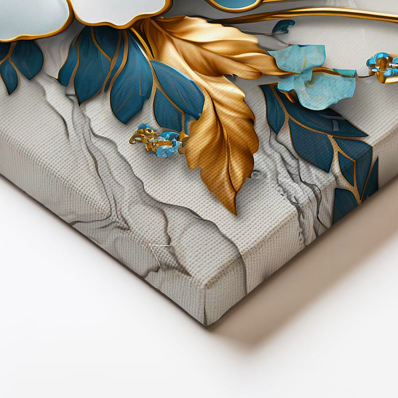 Yatay Kanvas Tablo Yaprak Detaylı Çiçek Motifi Çiçek Tablosu Ev Ofis Duvar Dekoru