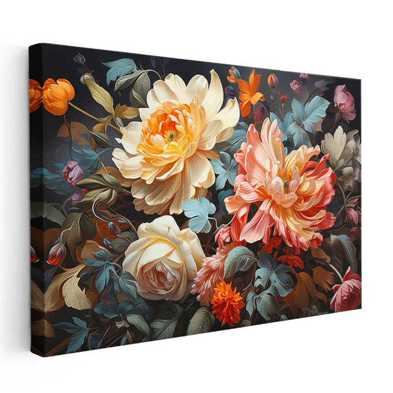Yatay Kanvas Tablo Yoğun Çiçek Aranjmanı Çiçek Tablosu Ev Ofis Duvar Dekoru