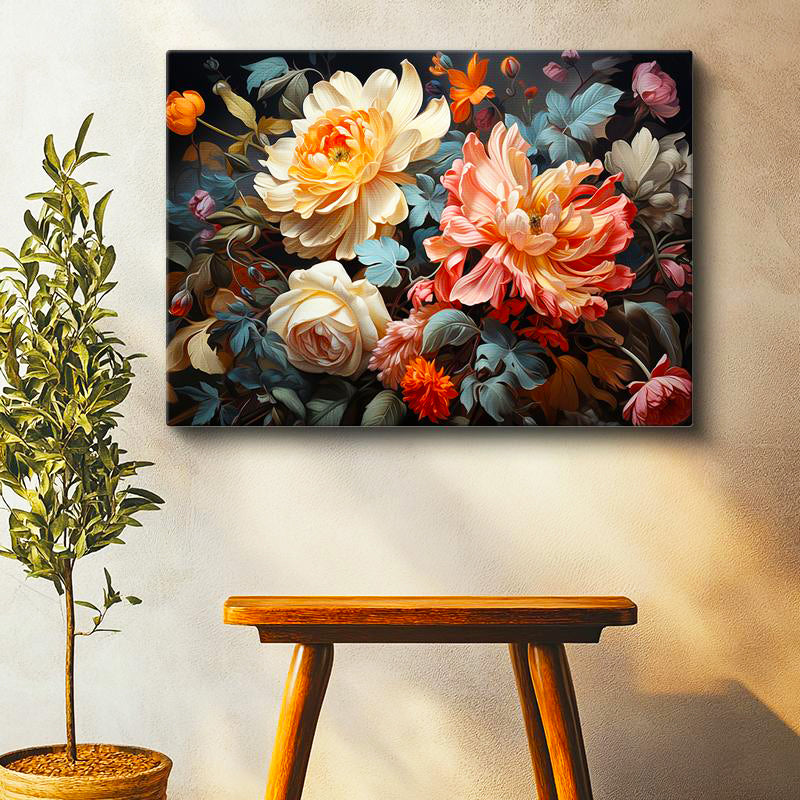 Yatay Kanvas Tablo Yoğun Çiçek Aranjmanı Çiçek Tablosu Ev Ofis Duvar Dekoru