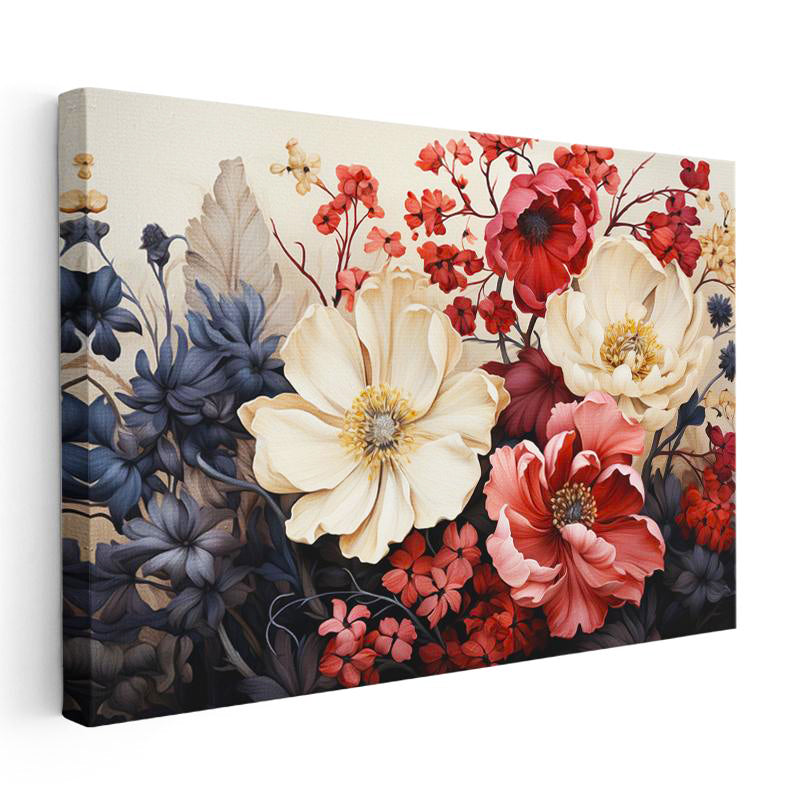 Yatay Kanvas Tablo Çoklu Çiçek Kompozisyonu Çiçek Tablosu Ev Ofis Duvar Dekoru