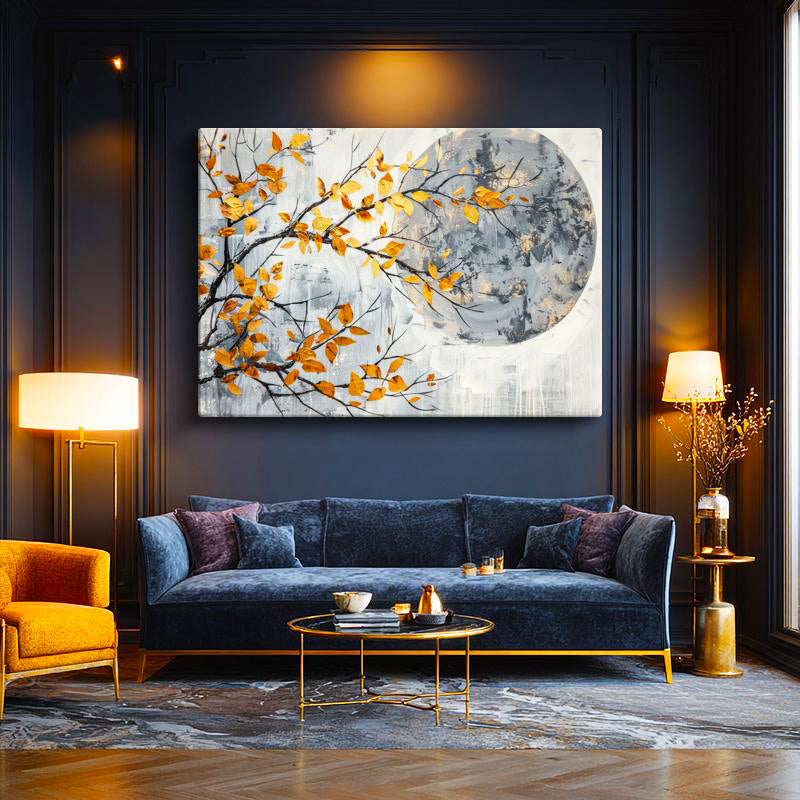Yatay Kanvas Tablo Dallı Yaprak Vurgulu Çiçek Çiçek Tablosu Ev Ofis Duvar Dekoru