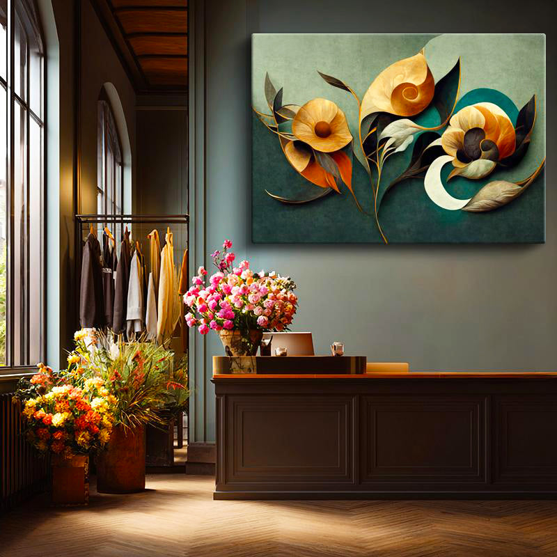 Yatay Kanvas Tablo Organik Çiçek Formları Çiçek Tablosu Ev Ofis Duvar Dekoru