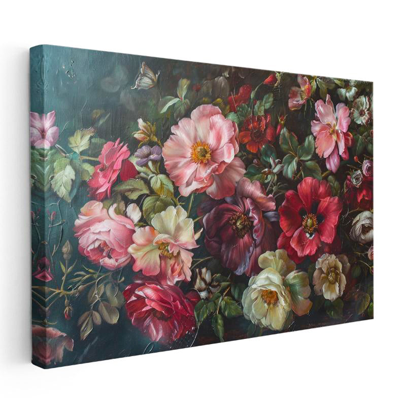 Yatay Kanvas Tablo Yoğun Çiçek Kompozisyonu Çiçek Tablosu Ev Ofis Duvar Dekoru