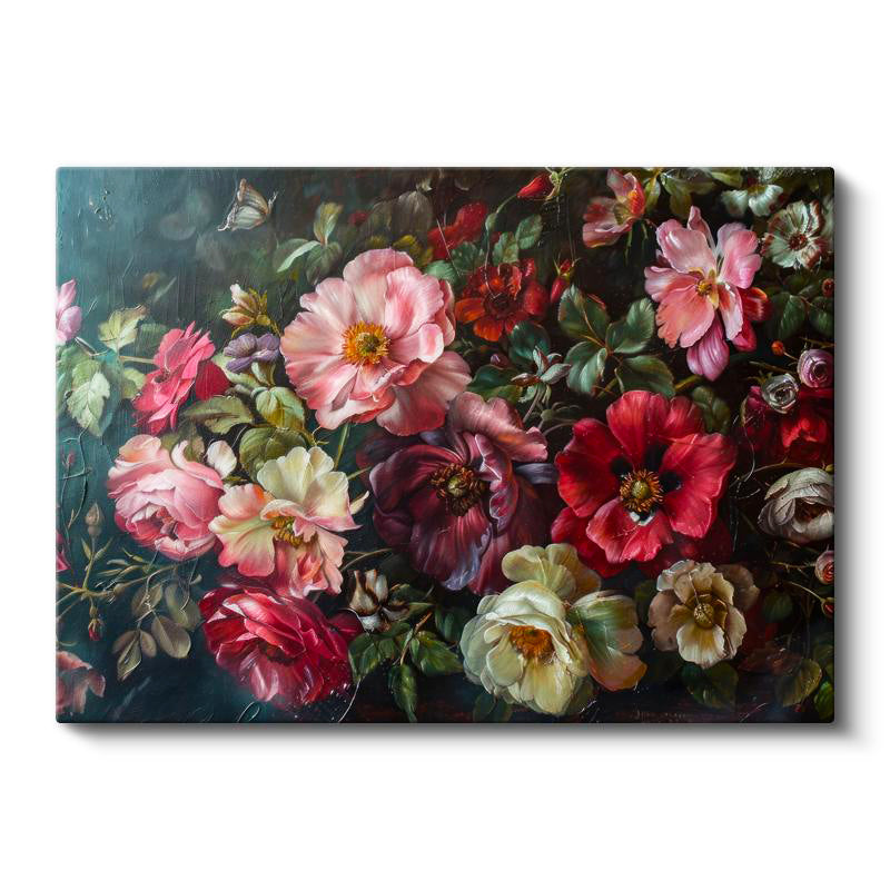Yatay Kanvas Tablo Yoğun Çiçek Kompozisyonu Çiçek Tablosu Ev Ofis Duvar Dekoru
