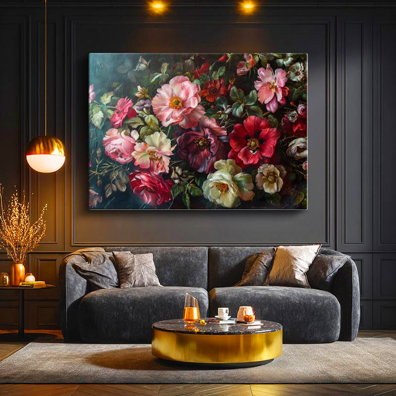 Yatay Kanvas Tablo Yoğun Çiçek Kompozisyonu Çiçek Tablosu Ev Ofis Duvar Dekoru