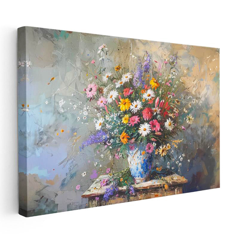 Yatay Kanvas Tablo Vazolu Çiçek Aranjmanı Çiçek Tablosu Ev Ofis Duvar Dekoru