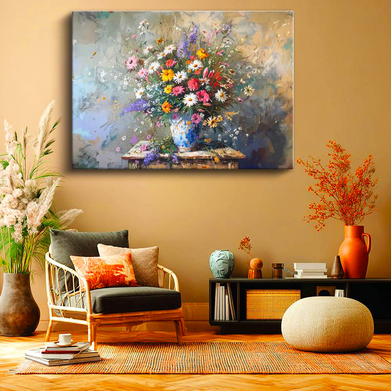 Yatay Kanvas Tablo Vazolu Çiçek Aranjmanı Çiçek Tablosu Ev Ofis Duvar Dekoru