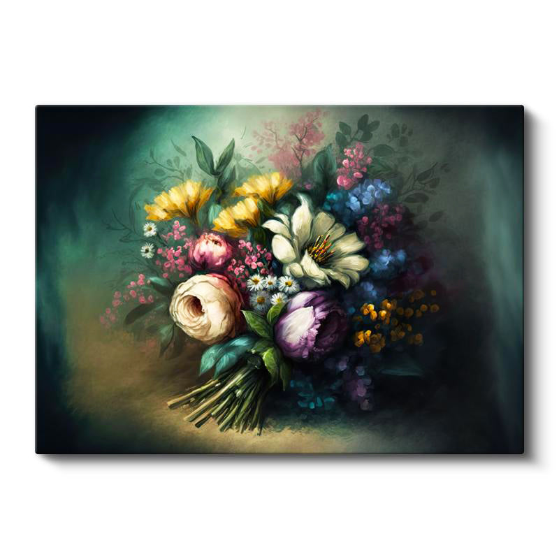Yatay Kanvas Tablo Buket Formlu Çiçek Kompozisyonu Çiçek Tablosu Ev Ofis Duvar Dekoru