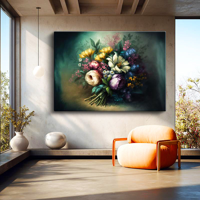 Yatay Kanvas Tablo Buket Formlu Çiçek Kompozisyonu Çiçek Tablosu Ev Ofis Duvar Dekoru