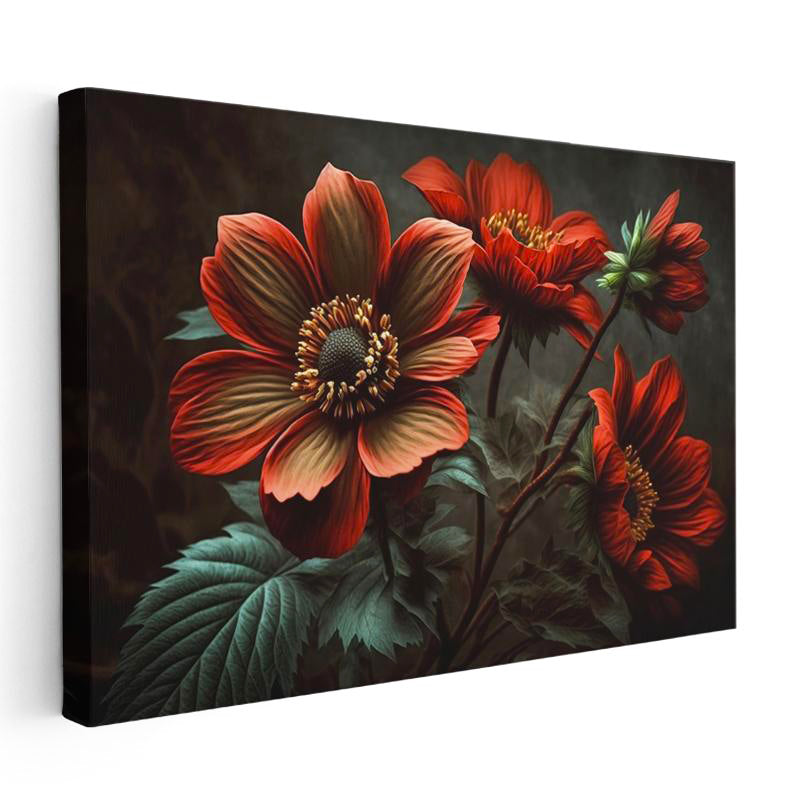 Yatay Kanvas Tablo Büyük Yapraklı Çiçek Detayı Çiçek Tablosu Ev Ofis Duvar Dekoru