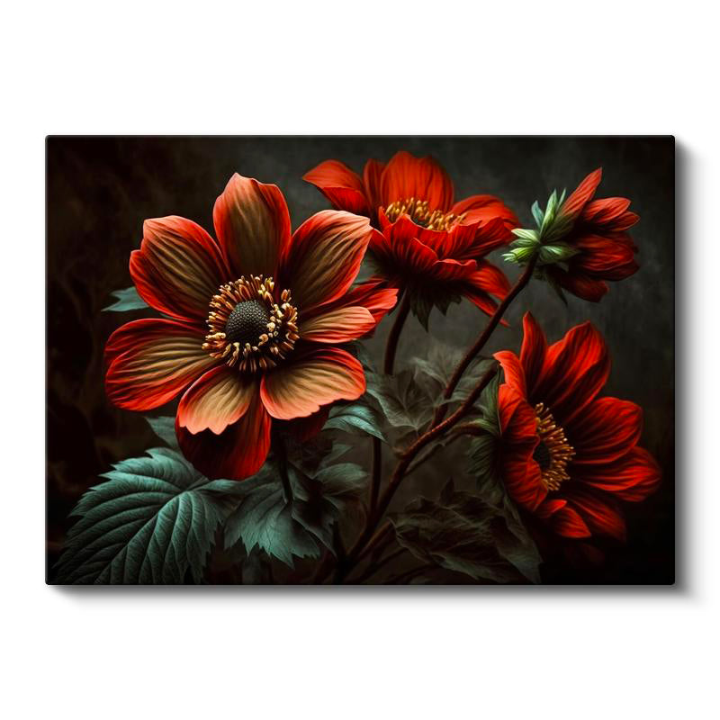 Yatay Kanvas Tablo Büyük Yapraklı Çiçek Detayı Çiçek Tablosu Ev Ofis Duvar Dekoru