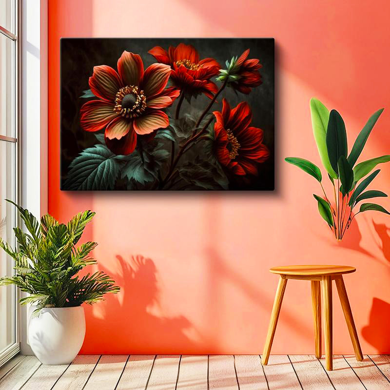 Yatay Kanvas Tablo Büyük Yapraklı Çiçek Detayı Çiçek Tablosu Ev Ofis Duvar Dekoru