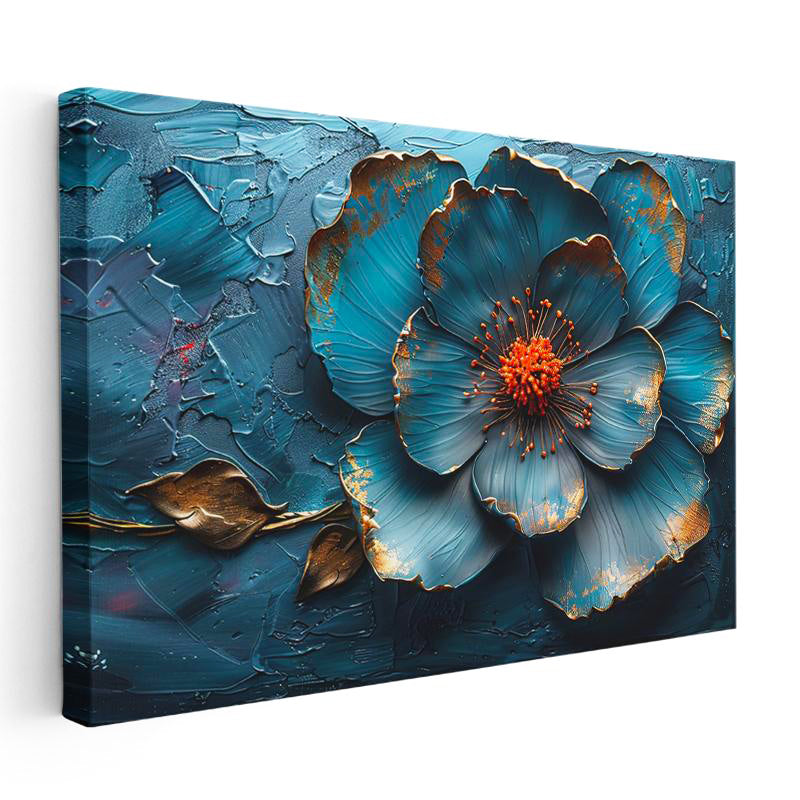 Yatay Kanvas Tablo Kabartma Görünümlü Mavi Çiçek Çiçek Tablosu Ev Ofis Duvar Dekoru
