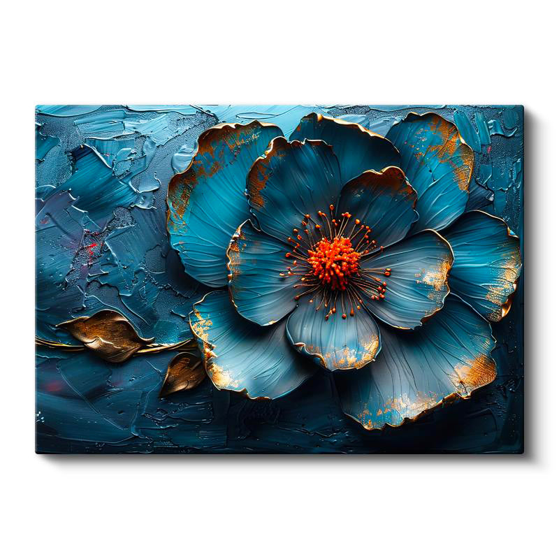 Yatay Kanvas Tablo Kabartma Görünümlü Mavi Çiçek Çiçek Tablosu Ev Ofis Duvar Dekoru