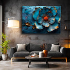 Yatay Kanvas Tablo Kabartma Görünümlü Mavi Çiçek Çiçek Tablosu Ev Ofis Duvar Dekoru