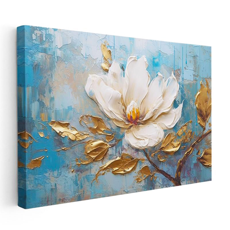 Yatay Kanvas Tablo Yağlı Boya Görünümlü Beyaz Manolya Çiçek Tablosu Ev Ofis Duvar Dekoru