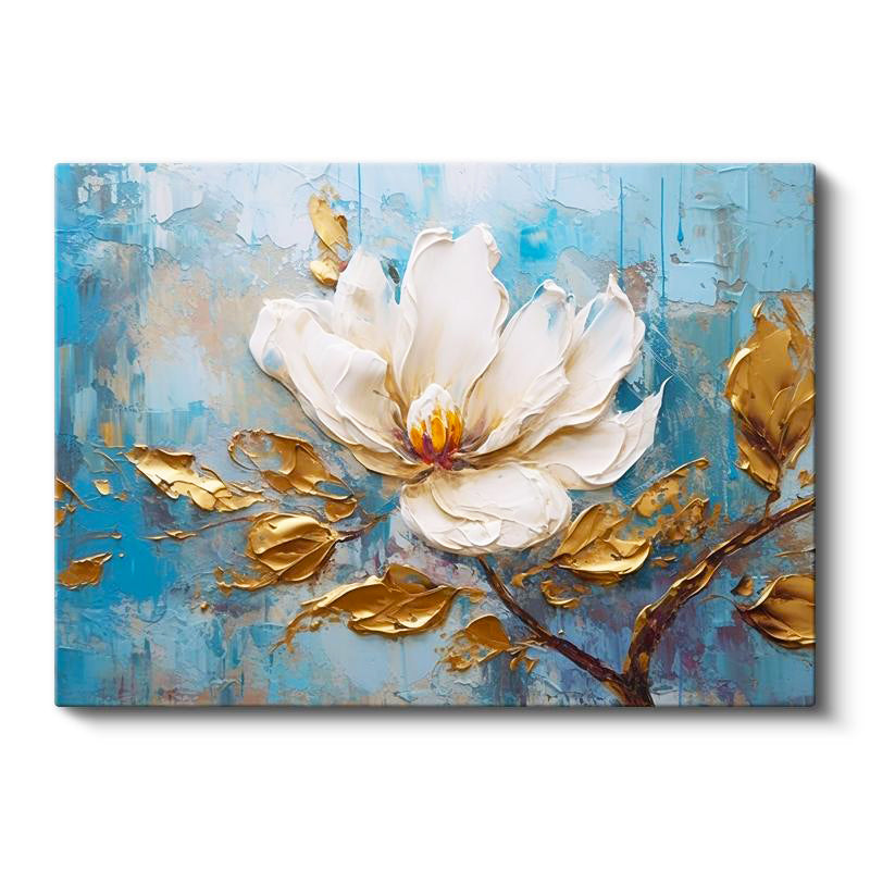 Yatay Kanvas Tablo Yağlı Boya Görünümlü Beyaz Manolya Çiçek Tablosu Ev Ofis Duvar Dekoru