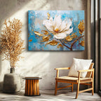 Yatay Kanvas Tablo Yağlı Boya Görünümlü Beyaz Manolya Çiçek Tablosu Ev Ofis Duvar Dekoru